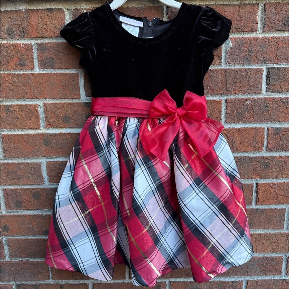 Bonnie Jean Velvet Red Plaid Bow Dress Size 4T Holiday Christmas